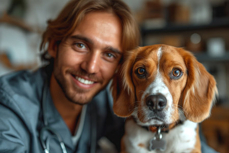 Smiling young veterinarian sitting with beagle dog. Veterinary concept.の素材