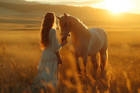 Young woman stroking horse while standing on meadow during sunny day.の素材