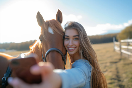 Beautiful woman with horse taking selfie through smart phone on sunny day. Close-up.の素材