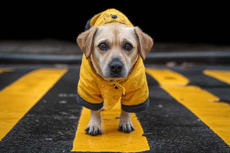 A dog in a yellow raincoat stands at a pedestrian crossing. Portraitの素材