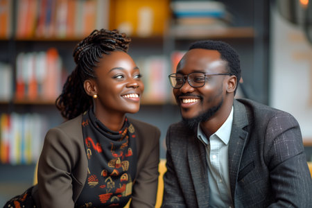 Smiling African American businessman and businesswoman discussing in the office. Business concept.の素材