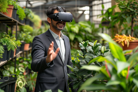 Smiling businessman wearing virtual reality simulator gesturing in front of plants. Portrait of a businessman.の素材