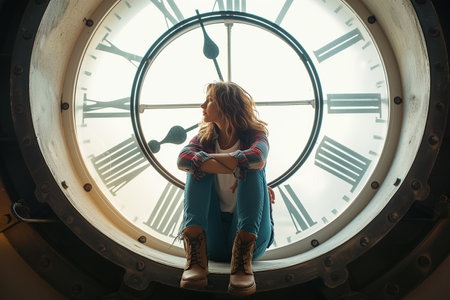 A woman sits wearing a giant clock. Time conceptの素材
