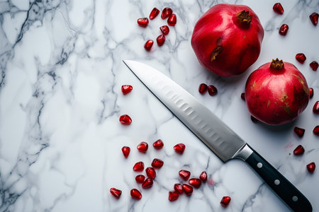Pomegranate seeds and knife on white marble. Close-up.の素材