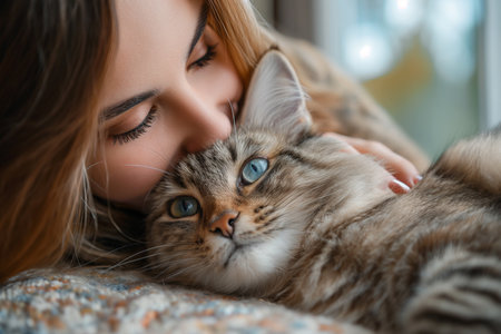 Woman playing with pet cat at home. Close-up.の素材