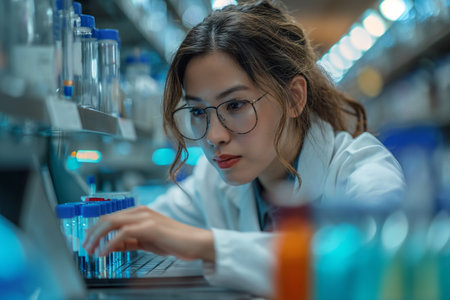 Scientist using laptop for genetic research in laboratory. Scientific concept.の素材