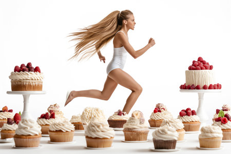 A beautiful girl runs away from temptations such as sweets on a white background. Sports and diet concept.の素材