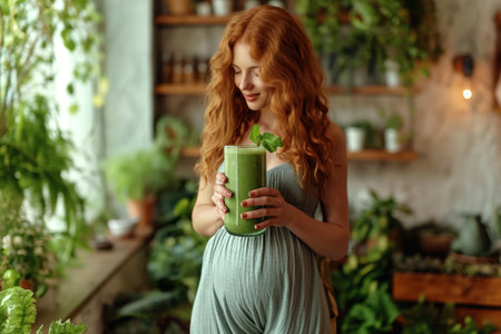 Young pregnant woman drinking fresh and healthy green smoothie.の素材
