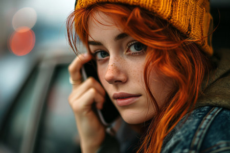 A red-haired woman is talking on a mobile phone near a car.の素材