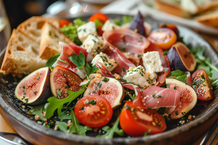 Mixed salad with figs tomatoes sheep cheese griss. Close-up.の素材