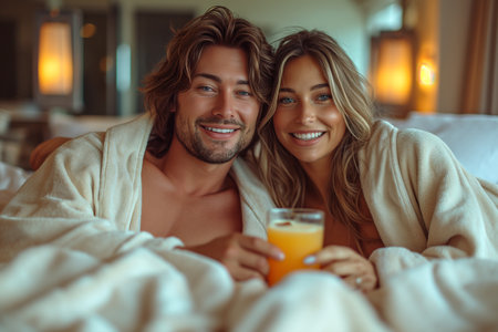 Couple in bathrobes drinking juice on bed at hotel suite.の素材