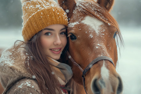 Portrait of a young woman with a horse. Close-up.の素材