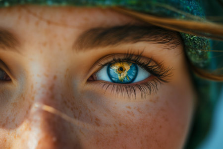 Beautiful woman's face with planet Earth in her eyes. Close-up.の素材