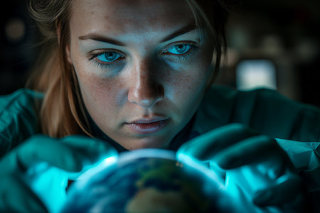 Attractive woman doctor examining planet Earth. Close-up.の素材