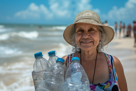 Smiling elderly woman holding crumpled plastic bottles on the beach. Ecological concept.の素材
