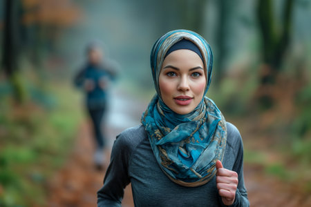 Determined woman wearing hijab running with friend.の素材