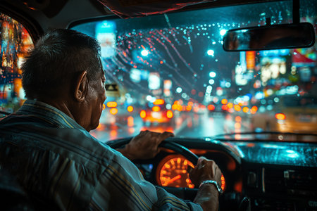A man drives a car in an emergency at night. Transport concept.の素材