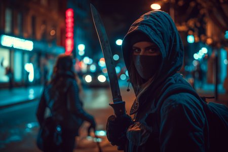 A robber with a sharp knife stands in front of a woman on the street at night. Crime concept.の素材