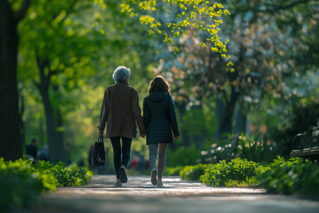 An elderly woman walks with her adult granddaughter in the park in spring.の素材