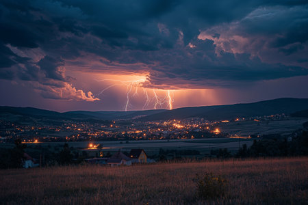 Lightning against the background of a dark sky over the city.の素材