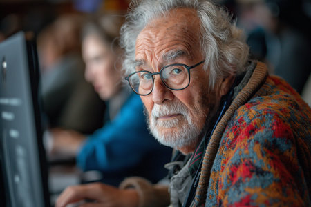 Active seniors attending computer course- working on PC.の素材