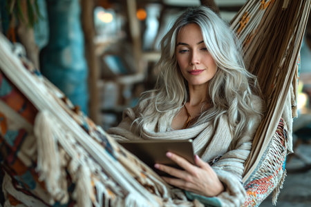 Mature woman using digital tablet while sitting on hammock at home.の素材