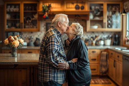 Senior couple kissing each other while standing by kitchen island at home.の素材