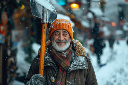Portrait of an elderly man with a snow shovel.の素材
