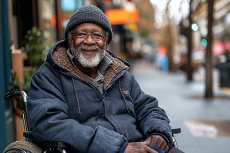 Smiling elderly African-American man sitting in a wheelchair walkingの素材