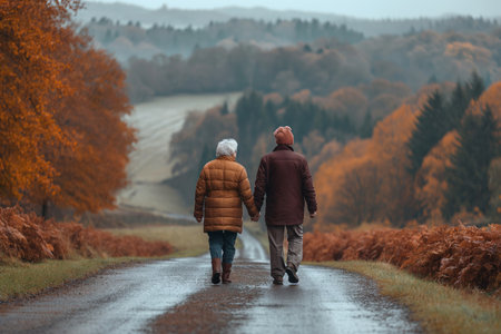 An elderly couple walks along a country road in autumn.の素材
