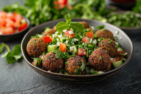 Plate of Falafel- salad- yogurt sauce with mint. Close-up.の素材