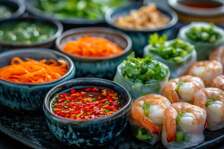 Shrimp spring rolls with dipping sauces. Close-up.の素材