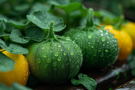 Green and yellow pumpkins with drops of water lie in the vegetable garden. Close-up.の素材