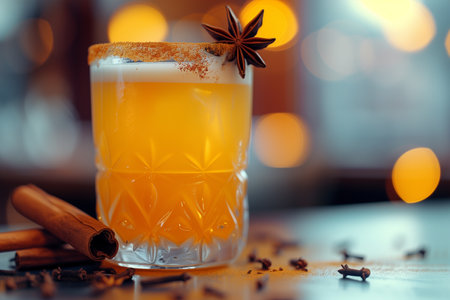 Homemade beer with cinnamon and anise. Close-up.の素材