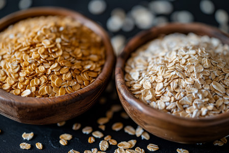 Two plates of oatmeal and bran. Close-up.の素材