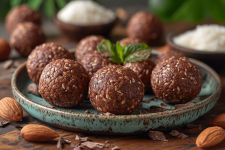 Vegan protein balls with millet- coconut- cocoa and nuts. Close-up.の素材