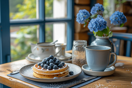 Waffles and blueberries on the table. Close-up.の素材