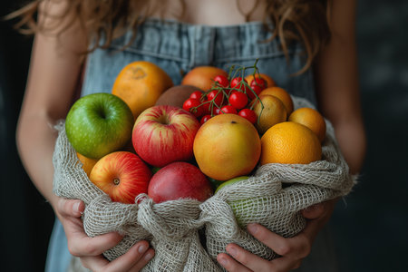 A woman holds fresh apples and oranges in mesh bags. Close-up.の素材
