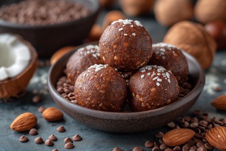 Vegan protein balls with millet- coconut- cocoa and nuts. Close-up.の素材