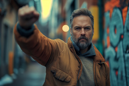 An angry man aggressively raises his hand up.の素材