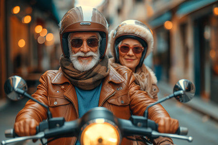 Happy elderly couple rides a motor scooter. Traveling in retirement.の素材