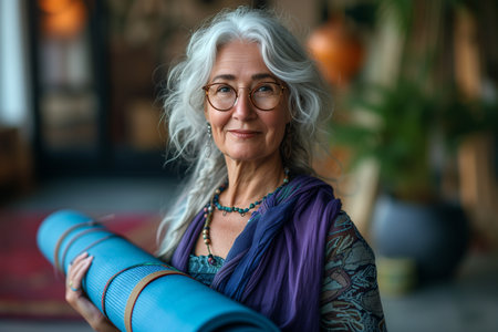 Happy senior woman holding yoga mat after class.の素材