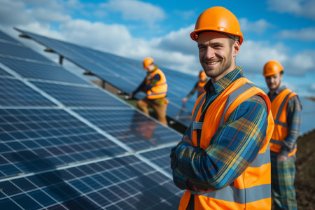 Portrait of solar panel installation technicians on a sunny day.の素材