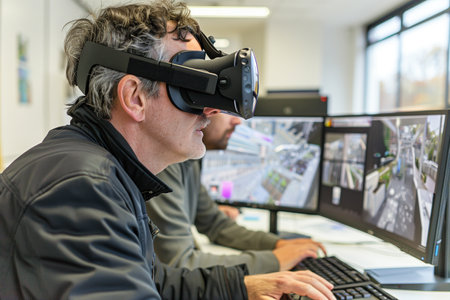 Architect using computer with colleague wearing virtual reality headset at office.の素材
