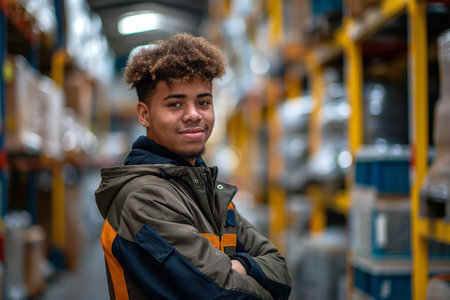 Smiling young trainee standing with arms crossed in warehouse at factory. Industrial concept.の素材