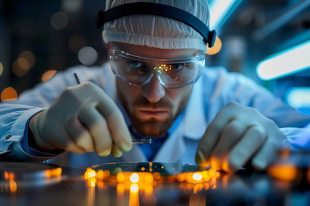 Engineer examining wafer chip in laboratory.の素材