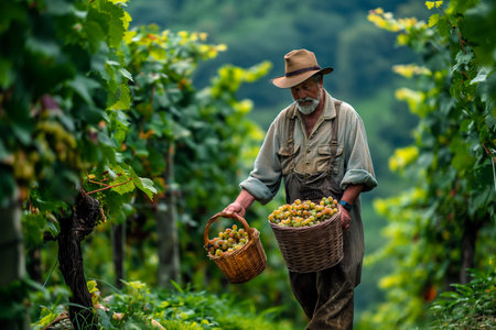 Mature farmer picking grapes in vineyard. Agricultural concept.の素材