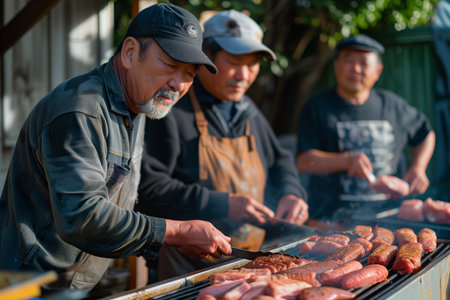 Friends preparing meat for a barbecue in the backyard.の素材