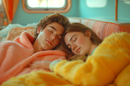 Husband and wife sleeping in bed in room in pastel colored room.の素材