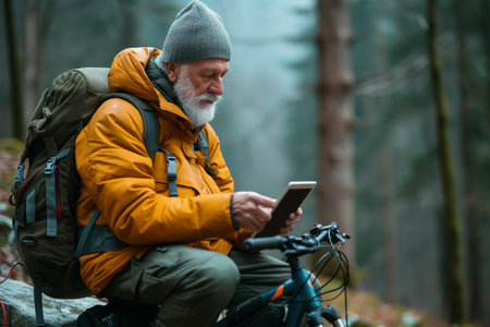 Mature man using digital tablet during his bike tour with an e-bike.の素材